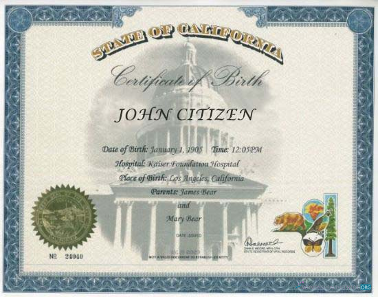 Download United States State of California birth certificate Photoshop template